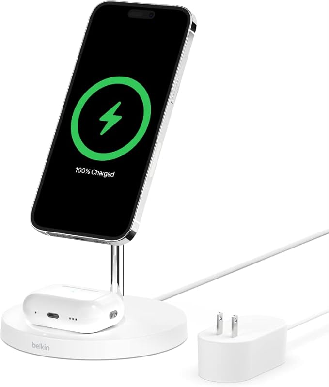 Belkin MagSafe 2-in-1 Wireless Charging Stand for Apple iPhone 16, iPhone 15, iPhone 14, & iPhone 13 Series & AirPods - MagSafe Fast Charging Station for Multiple Devices - White