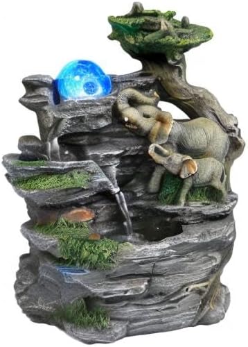 BEAMNOVA Tabletop Fountain,Relaxation Water Feature Feng Shui Indoor Fountain of Elephant Sculpture with Colorful Spinning Ball for Home Office Desktop Décor