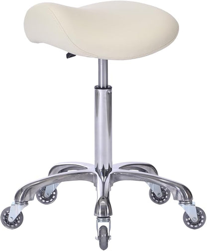 Professional Saddle Stool with Wheels Ergonomic Swivel Rolling Height Adjustable for Clinic Dentist Beauty Salon Tattoo Home Office (Beige)