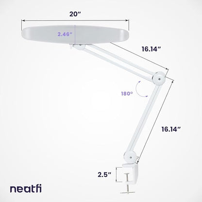 Neatfi XL 2,200 Lumens Adjustable LED Desk Lamp & Task Lamp - Bright, Dimmable Lighting for Office, Crafts, Nails & Hobbies with Clamp (Non-CCT, White)