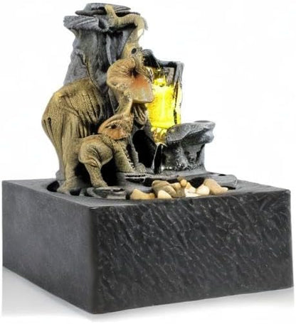 BEAMNOVA Tabletop Fountain,3 Tiered Elephant & Baby Elephant Indoor Fountains,with LED Light Water Feature for Home Office Décor