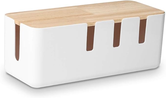 Cable Management Box by Baskiss, 12x5x4.5 inches, Wood Lid, Cord Organizer for Desk TV Computer USB Hub System to Cover and Hide & Power Strips & Cords