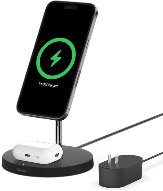 Belkin MagSafe 2-in-1 Wireless Charging Stand for Apple iPhone 16, iPhone 15, iPhone 14, & iPhone 13 Series & AirPods - MagSafe Fast Charging Station for Multiple Devices - Black