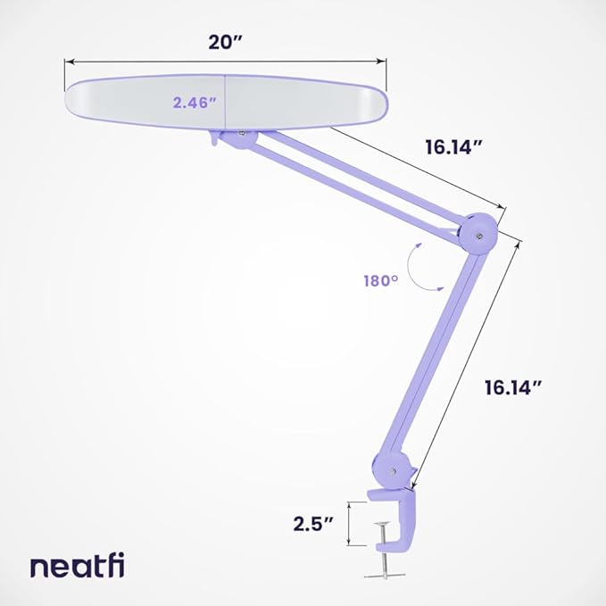 Neatfi XL 2,200 Lumens LED Desk Lamp with Clamp, 24W Bright Architect Task Lamp, 20 Inches Dimmable Computer Light, Adjustable Desk Light for Home, Office, Crafts, Nails & Hobbies (Non-CCT, Lavender)