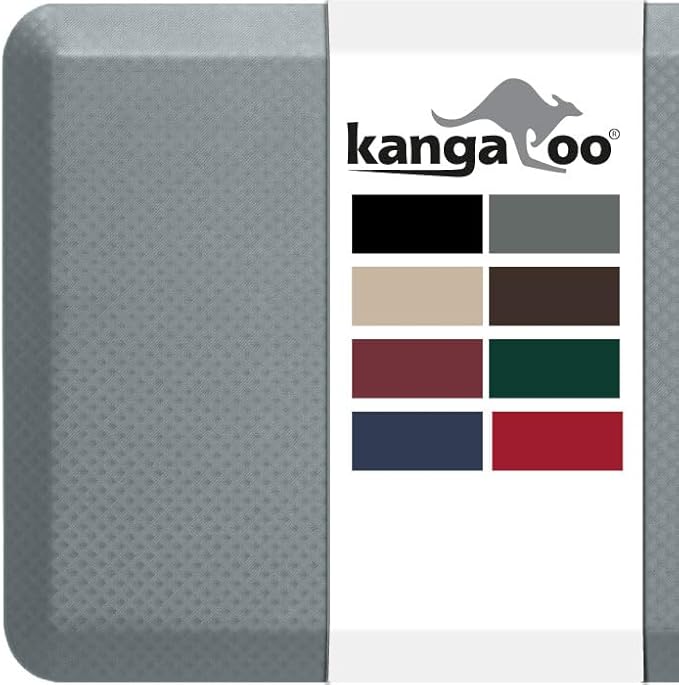 KANGAROO Thick Ergonomic Anti Fatigue Mats for Kitchen Floor, 48x20, Cushioned Standing Office Desk Mat, Waterproof Scratch Resistant Topside, Supportive All Day Comfort Padded Foam Rugs, Gray