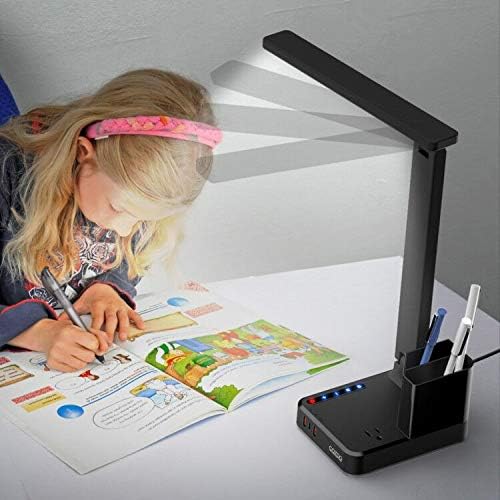 COZOO LED Desk Lamp with 3 USB Charging Ports,1 AC Outlet,2 Pen Holders,3 Color Temperatures 3 Brightness LevelsTouch/Memory/Timer Function,10W Eye Protection Foldable Reading Light,College Study Lamp