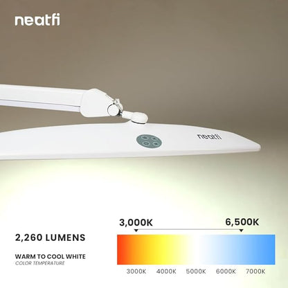 Neatfi Elite HD XL Task Lamp with Clamp, 3 Adjustable Light Modes, 22 Inches Wide, 2260 Lumens, 84PCS SMD LED, Super Bright Desk Lamp, Non-Polar Dimming (CCT with Clamp, White)