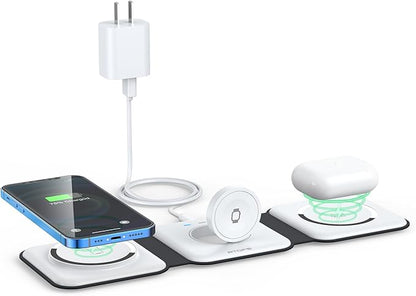 Wireless Charger 3 in 1,RTOPS Magnetic Travel Wireless Charging Station Multiple Devices,GaN 3 in 1 Charging Station,Compatible for iPhone16/15/14/13/Pro/Max,iWatch,AirPods4/3/2/Pro(Moon White)