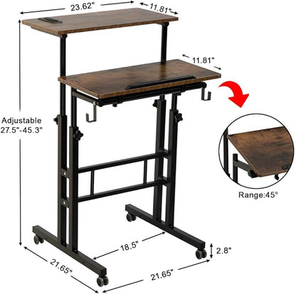 SIDUCAL Mobile Stand Up Desk, Adjustable Laptop Desk with Wheels, Home Office Workstation with USB Ports and Outlets, Rolling Desk Laptop Cart for Standing or Sitting, Rustic Brown