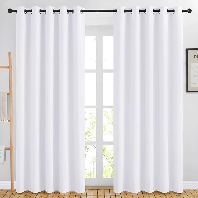 NICETOWN 84 inch Long White Curtains - Grommet Solid 50% Room Darkening Thermal Insulated Curtains Drapes for Living Room/Sliding Glass Door (2 Panels, W66 x L84)