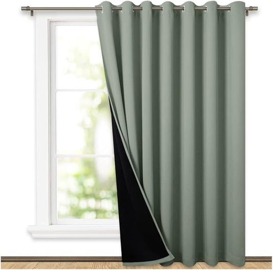 NICETOWN Greyish Green Full Shading Extra Wide Curtains for Patio Door, Super Heavy-Duty Thermal Backing Sliding Glass Door Drape, Privacy Assured Window Treatment(1 Panel, 100 inches W x 84 inches L)