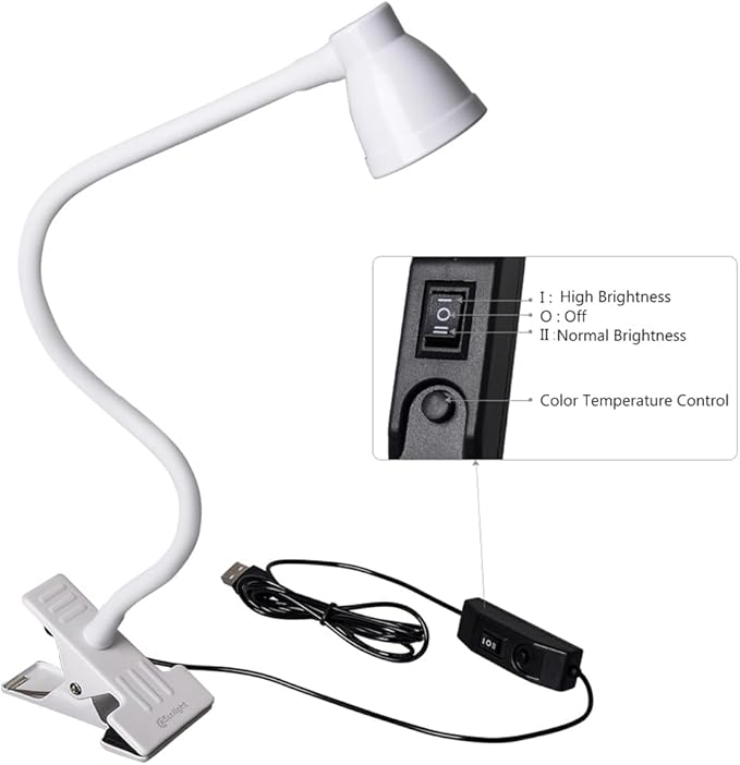 Clip on Reading Light, Clamp Lamp for Desk, 3000-6500K Adjustable Color Temperature, 6 Illumination Modes, 10 Led Beads(White)