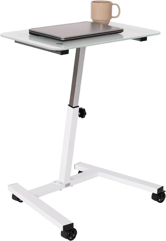 Seville Classics Airlift Mobile Height Adjustable Laptop Stand Computer Workstation for Sitting Classroom Home Office Medical Table w/Wheels, Tempered Glass (24"), White