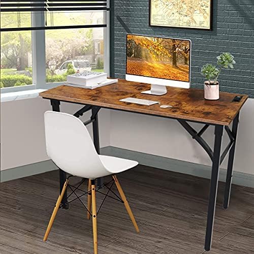 TEMI Folding Desk with USB & Socket 31.5", Computer Desk with Outlet for Home Office, Folding Table for Bedroom, Office Desk for Small Space, Small Desk with Black Frame, Rustic Brown