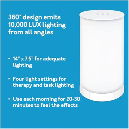 14 Inch Light Therapy Lamp - 10,000 LUX - LED Sun Lamp Mood Light and Sunlight Lamp with 360 Degree Light Therapy to Fight Low Energy and Sunlight Deprivation, White