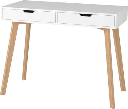 FOTOSOK White Computer Writing Desk with 2 Drawers, Small Desk Makeup Vanity Table Wood Desk with 4 Oak Legs, Modern Home Office Desk Console Study Table