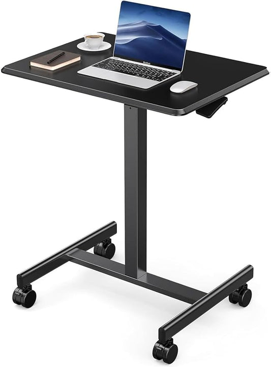 DUMOS Small Standing Desk Mobile Portable Rolling Laptop Desk on Wheels, Adjustable Height Table for Home Office, 19 Inch, Black