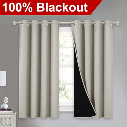 NICETOWN 100% Blackout Curtains 54 inches Long, Double-Deck Completely Blackout Window Treatment Thermal Insulated Lined Drapes for Small Window (Natural, 1 Pair, 52 inches Width Each Panel)