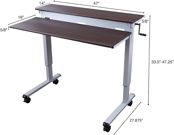 S STAND UP DESK STORE Crank Adjustable Tier Standing Desk with Heavy Duty Steel Frame (Silver Frame/Dark Walnut Top, 48in Wide)