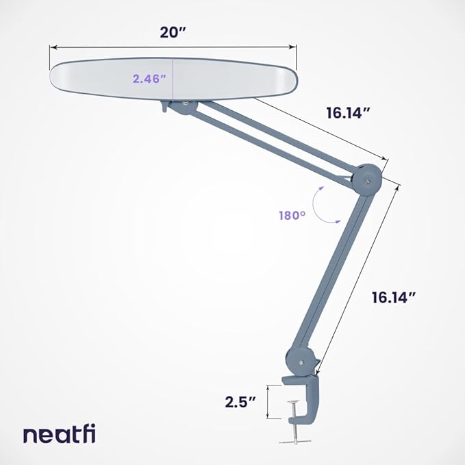 Neatfi XL 2,200 Lumens LED Desk Lamp with Clamp, 24 Watt Bright Architect Task Lamp, 20 Inches Dimmable Computer Light, Adjustable Desk Light for Home, Office, Crafts, Nails & Hobbies (Non-CCT, Gray)