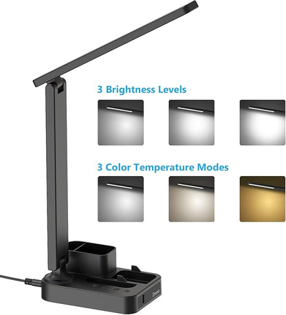 Drevet LED Desk Lamp with Pen Holder, Study Table Light with USB Charging Port, 3 Lighting Modes, 3 Level Brightness,1H Timer, Touch Control, Eye-Caring Lamp, Dorm Room Essential for College Students