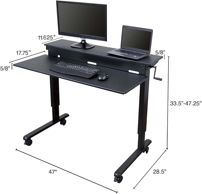 Stand Up Desk Store Crank Adjustable Two Tier Standing Desk with Heavy Duty Steel Frame (Black Frame/Black Top, 48" Wide)