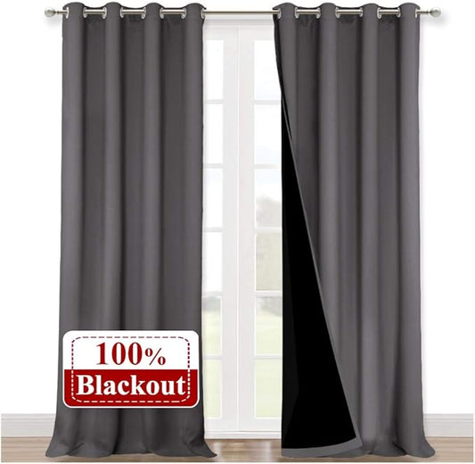 NICETOWN 100% Blackout Blinds, Set of 2, 52 inches x 102 inches, Laundry Room Decor Window Treatment Curtains for Large Patio Sliding Door, Thermal Insulated Grey Curtains for Bedroom