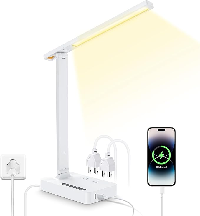 LAOPAO Desk Lamp with USB Charging Port: Power Strip with Surge Protection - 1 Type-C, 1 USB-A Charging Port, 2 AC Power Outlets, Desk Lamps for Home Office College Dorm Room Essentials