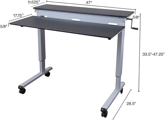 S STAND UP DESK STORE Crank Adjustable 2-Tier Standing Desk with Heavy Duty Steel Frame (Silver Frame/Black Top, 48 inch Wide