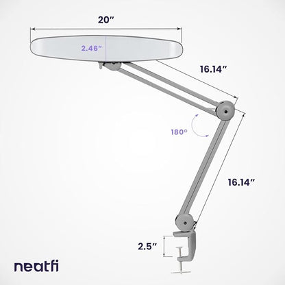 Neatfi XL 2,200 Lumens LED Desk Lamp with Clamp, 24W Bright Architect Task Lamp, 20 Inches Dimmable Computer Light, Adjustable Desk Light for Home, Office, Crafts, Nails & Hobbies (Non-CCT, Silver)