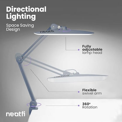 Neatfi XL 2,200 Lumens LED Desk Lamp with Clamp, 24 Watt Bright Architect Task Lamp, 20 Inches Dimmable Computer Light, Adjustable Desk Light for Home, Office, Crafts, Nails & Hobbies (Non-CCT, Gray)