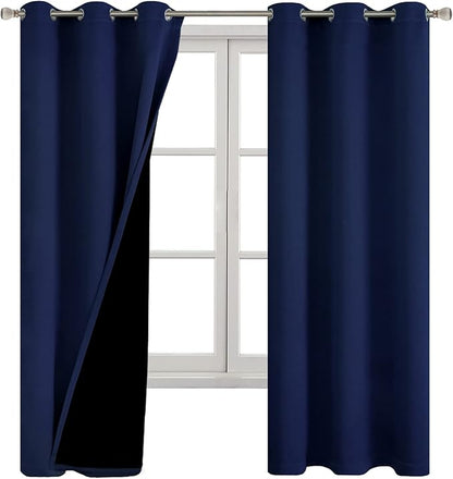 Navy Blue Blackout Curtains for Bedroom 63 Inch Length 2 Panels Set, Thermal Insulated 100% Light Blocking Soundproof Grommet Window Curtains for Living Room with Black Liner, Each 42 Inch Wide