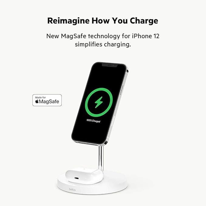 Belkin MagSafe 2-in-1 Wireless Charging Stand for Apple iPhone 16, iPhone 15, iPhone 14, & iPhone 13 Series & AirPods - MagSafe Fast Charging Station for Multiple Devices - White