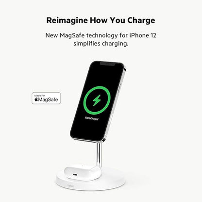 Belkin MagSafe 2-in-1 Wireless Charging Stand for Apple iPhone 16, iPhone 15, iPhone 14, & iPhone 13 Series & AirPods - MagSafe Fast Charging Station for Multiple Devices - White