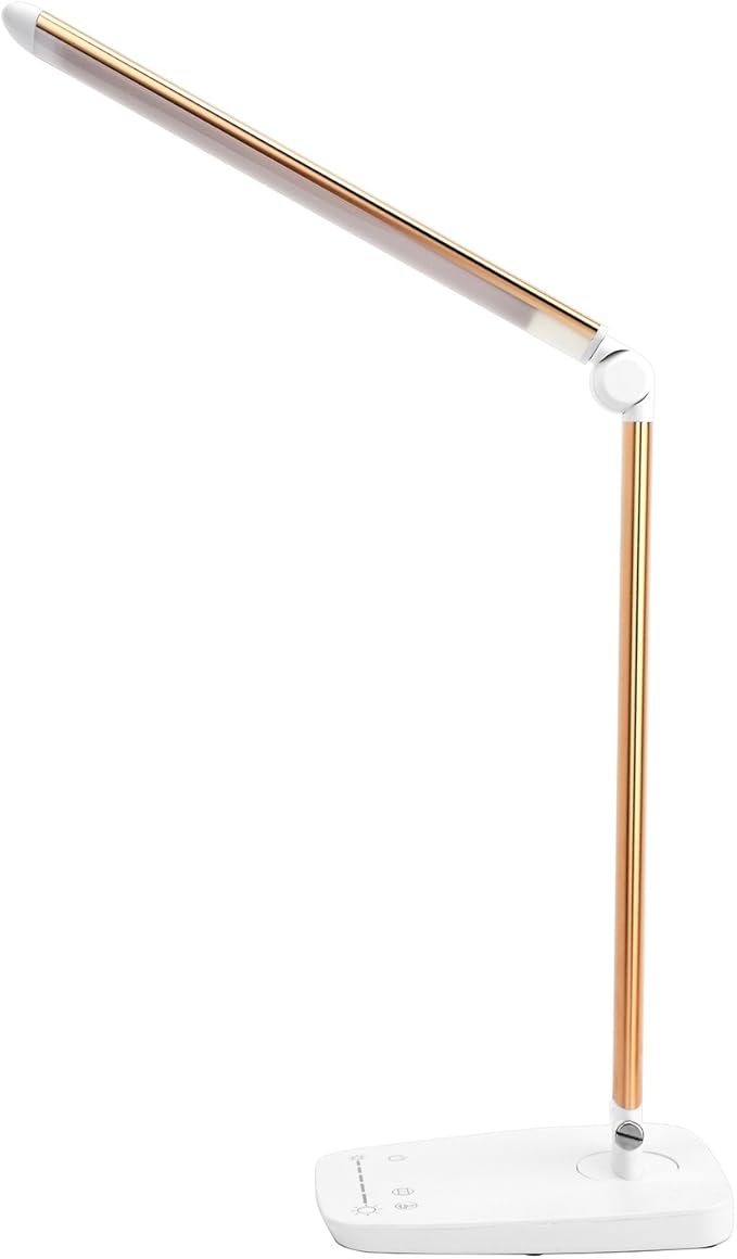 Lichamp Dimmable LED Desk Lamp with USB Charging Port, Touch Control Foldable Gooseneck Free Rotation Adjustable Eye Care Table Lamp, Bedside Reading Light with UL AC Adapter (Gold)