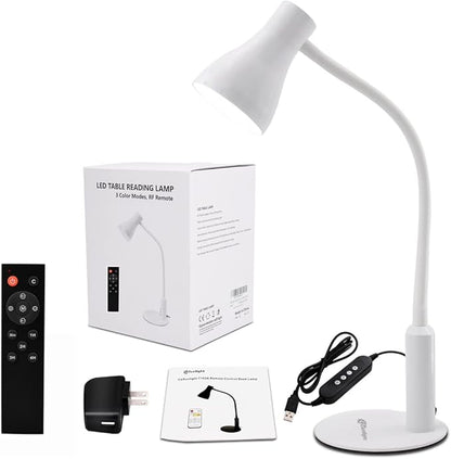 LED Desk Lamp, 3 Lighting Modes and 6 Brightness Levels, 10W Flexible Gooseneck Table Lamp for Living Room and Study, Remote Control with Timing Function, AC Adapter Included (White)