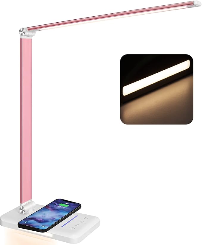 LED Desk Lamp with Night Light, Fast Wireless Charger, USB Charging Port, 10 Brightness, 5 Color Modes, Dimmable Bedside Table Lamp for Bedroom, Touch Control, Auto Timer, 1200Lux Super Bright