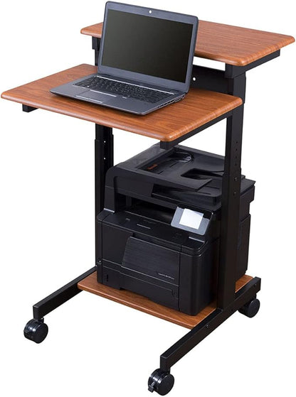 Stand Up Desk Store Rolling Adjustable Height Two Tier Standing Desk Computer Workstation (Black Frame/Teak Top, 24" Wide)