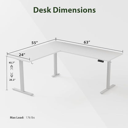 Agilestic L Shaped Standing Desk Adjustable Height, Electric Corner Standing Desk, 63 x 55 inch Sit Stand Computer Table with Splice Board, White