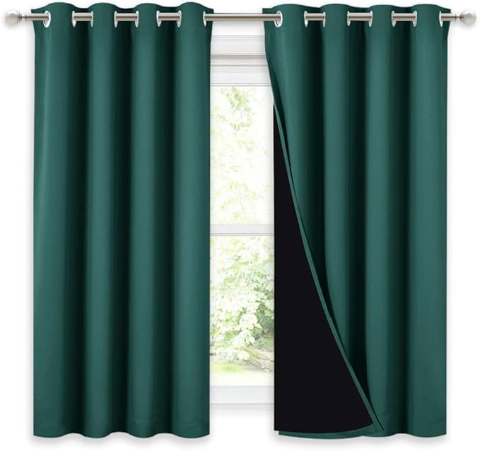 NICETOWN 100% Blackout Curtain with Black Liner, Thermal Insulated 2-Layer Lined Drape, Room Cooling Small Window Drapery for Dining Room (Hunter Green, 1 Panel, 52 inches W by 54 inches L)