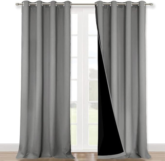 NICETOWN Full Shading Curtains 90 inches Long 2 Panels Set for Windows, Super Heavy-Duty Black Lined Blackout Curtains for Bedroom, Privacy Assured Window Treatment (Silver Grey, 52 inches W)