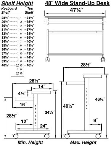 Stand Up Desk Store Rolling Adjustable Height Two Tier Standing Desk Computer Workstation (Black Frame/Black Top, 48" Wide)