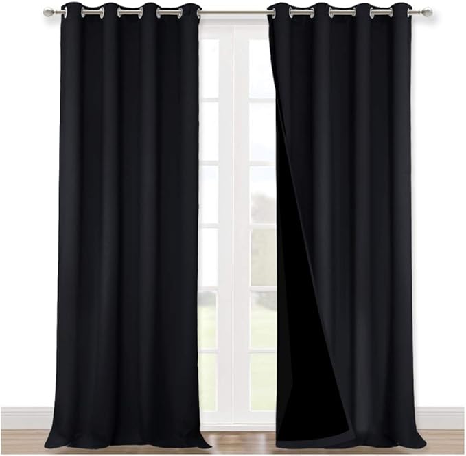 NICETOWN Extra Long Truly Blackout Drapes for Hall and Villa, 52-inch Width Each Panel, 102-inch Length, Black, 2 Pieces, 100% Blackout Window Curtain Panels with Black Lined for Night Shift Worker