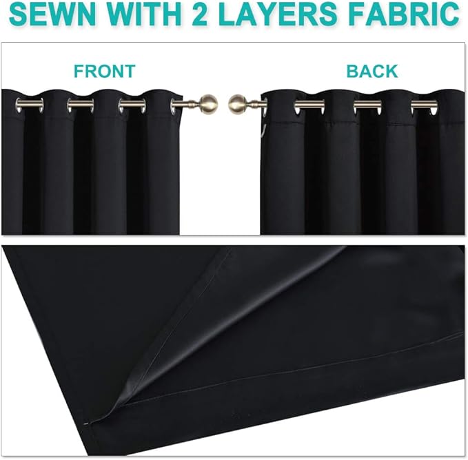 NICETOWN 100% Blackout Curtain 45 inches Length, 2 Thick Layers Completely Blackout Window Treatment Thermal Insulated Lined Drape for Basement Window (Black, 1 Piece, 42 inches Width Each Panel)