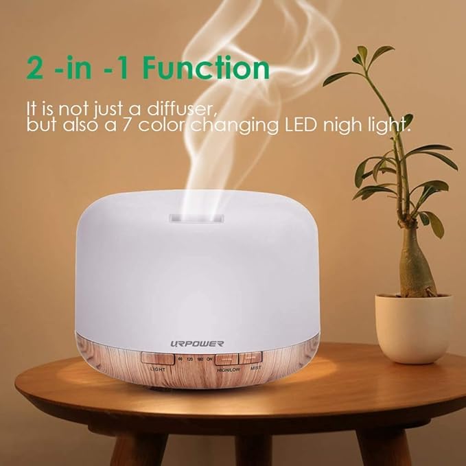 URPOWER 500ml Aromatherapy Essential Oil Diffuser Humidifier Room Decor Lighting with 4 Timer Settings, 7 LED Color Changing Lamp and Waterless Auto Shut-Off