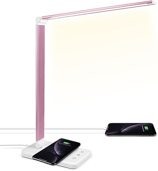 LED Desk Lamp with Wireless Charger, USB Charging Port, Desk Lighting with 10 Brightness, 5 Color Modes, Dimmable Eye Caring Reading Desk Lamps for Home Office, Touch Control, Auto Timer, Pink