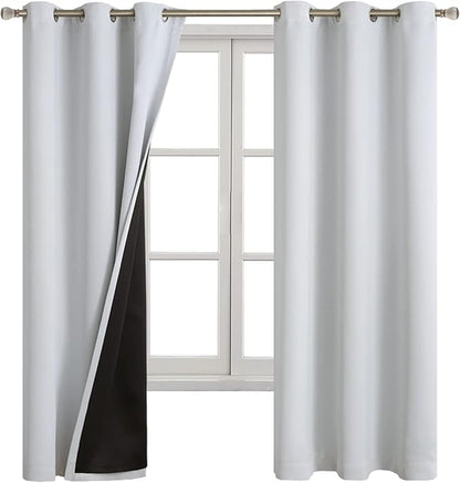 100% Blackout Curtains 63 Inch Length for Bedroom 2 Panels, Bedroom Curtains Thermal Insulated Light Blocking Soundproof Grommet Room Darkening Window Curtains, Each 42 Inch Wide, Greyish White