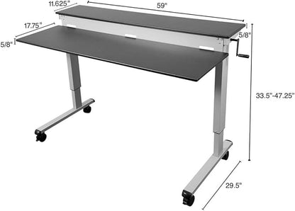 S STAND UP DESK STORE Crank Adjustable 2-Tier Standing Desk with Heavy Duty Steel Frame (Silver Frame/Black Top, 60 inch Wide)