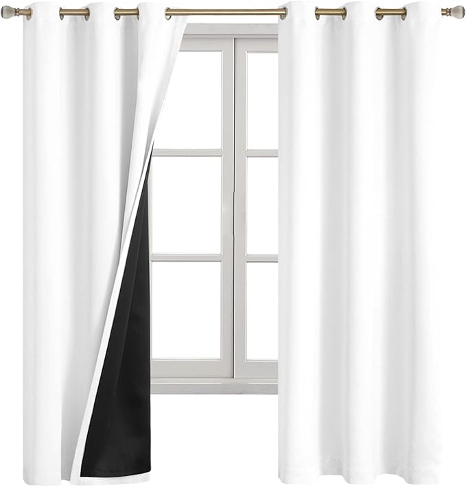 White Blackout Curtains for Bedroom 63 Inch Length 2 Panels Set, Thermal Insulated 100% Light Blocking Soundproof Grommet Window Curtains for Living Room, Each 42 Inch Wide