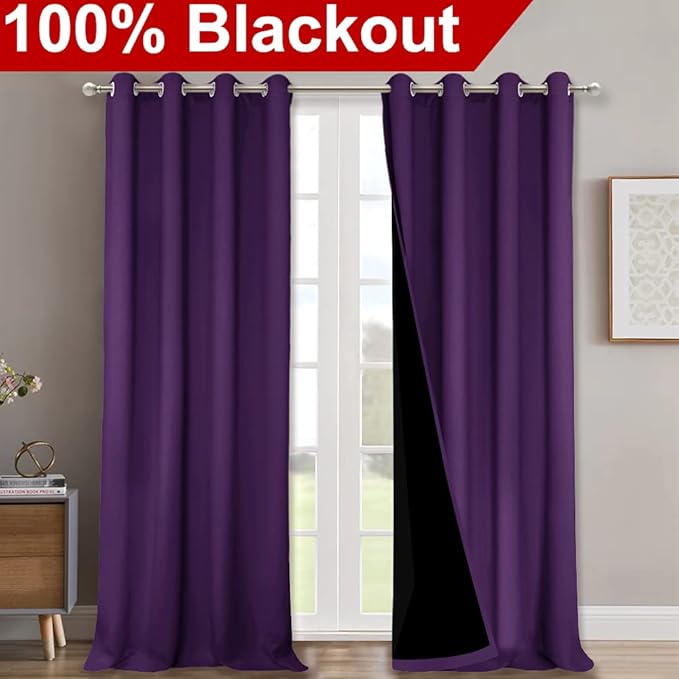 NICETOWN 100% Blackout Curtains with Black Liner Backing, Thermal Insulated Curtains for Living Room, Noise Reducing Drapes, Royal Purple, 52" Wide x 120" Long Per Panel, Set of 2 Panels